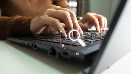 SEO Search engine optimization, Search technology, women's hands using a computer keyboard to search...