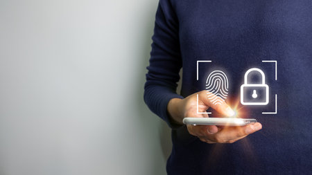 Verification of information with finger print by smart phone, Internet security, online financial transaction, 2-step verification, confirm transaction and identity.の写真素材