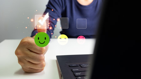 Customer satisfaction concept, choose rating, giving the highest score, very happy and satisfied with excellent service, feedback from guest.の写真素材