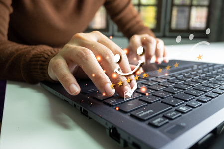 Concept of customer's satisfaction and service, businesswoman using laptop to express their opinions, answers and satisfied scores.の写真素材