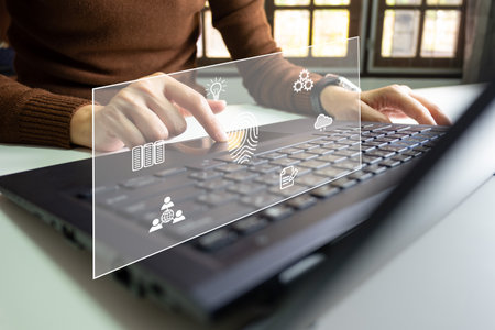 Person touching screen to fingerprint scanner, security access information, big data management concept, Internet of things, cloud computing, internet connection, shopping online and cashless society.の写真素材