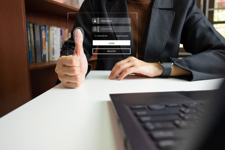 Person touching screen to fingerprint scanner, security access information, big data management concept, Internet of things, cloud computing, internet connection, shopping online and cashless society.の写真素材