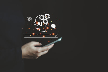 AI technology, Artificial Intelligence, Chatbot Chat and talk with AI, Using laptop for search and find data by command prompt, robot learning machine create or generate picture or article autoの写真素材