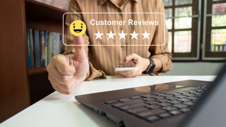 Satisfied customer experience concept, happy business customer using smartphone, the best review, High quality service, Most rated, the highest score, 5 stars, Social media very good.の写真素材