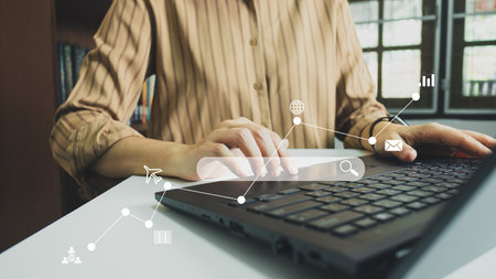 SEO Search engine optimization, Search technology, client using a computer keyboard to search for information, using website search bar to find data, information or shopping online.の写真素材