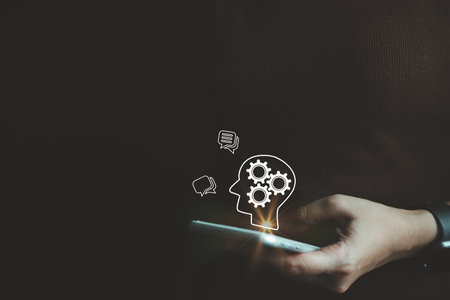 AI technology, Artificial Intelligence, Chatbot Chat and talk with AI, Using smartphone for search and find data by command prompt, robot learning machine create or generate picture or article autoの写真素材