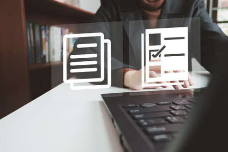 Document Management System DMS, Online document database management, Organization document Organized, automated processes to manage files, ERP enterprise efficient, business technology.の写真素材