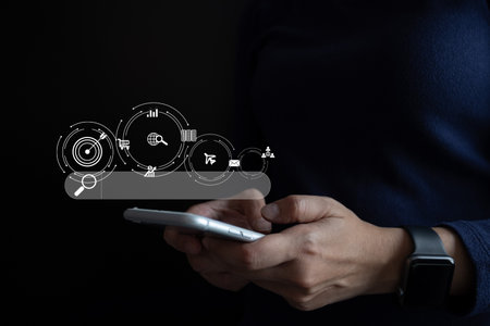 SEO Search engine optimization, Search technology, women's hands using mobile phone to search for...