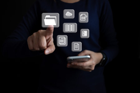 Document Management System DMS, Online document database management, Organization document Organized, automated processes to manage files, ERP enterprise efficient, business technology.の写真素材