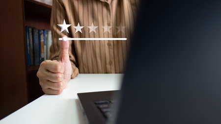 Customer satisfaction assessment rating 5 stars online, User has received excellent service, Review the highest rated service, the best attention, impressed very good service, feedback from guestの写真素材