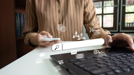 Search engine optimization SEO , Search technology, using laptop to search for information, using websites search bar to find the desired information or shopping onlineの写真素材