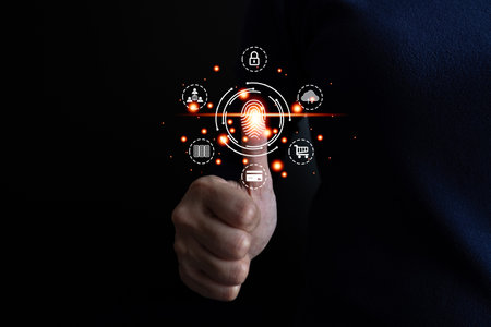 Fingerprint touching screen to scanner, security access internet, 2-step verification, confirm transaction and identity, protect attack from hackerの写真素材