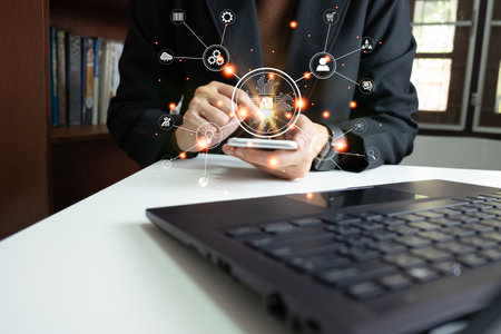 AI technology, Artificial Intelligence, Using laptop for search engine and find data, digital circuit learning machine, create or generate picture or article autoの写真素材