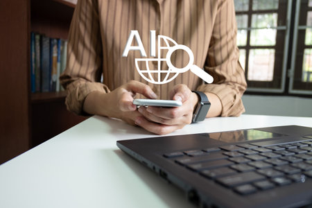 AI technology, Artificial Intelligence, Using laptop for search engine and find data, digital circuit learning machine, create or generate picture or article autoの写真素材