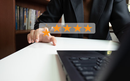 Satisfaction assessment rating 5 stars online, User has received excellent service, Review the highest rated service, the best attention, impressed very good service, feedback from guestの写真素材