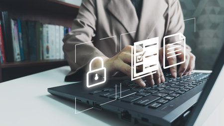 Access to electronics document by laptop, allow authentication to use Internet, security online by password, 2-step verification, confirm transaction and identity.の写真素材