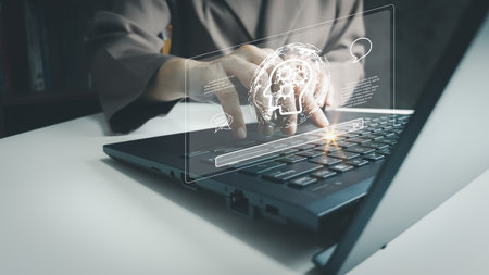 AI technology, Artificial Intelligence, Chatbot Chat and talk with AI, Using laptop for search and...