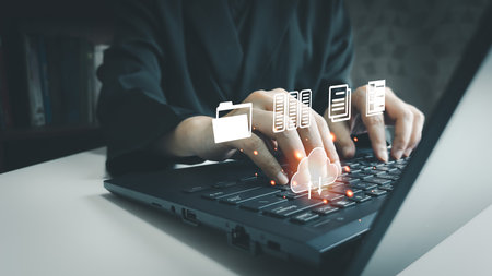 Document Management System, Officer using laptop manage files, Online document database management,...