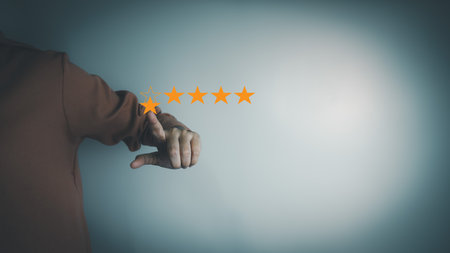 Satisfaction concept of customer, express their opinions, answers and satisfied scores, client is satisfied with pressing 5 stars icon, excellent service, good feedback from userの写真素材