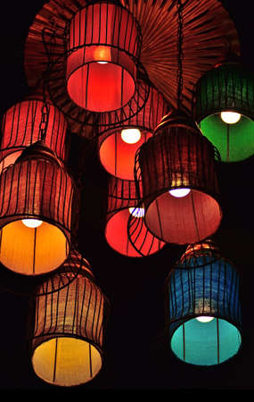 Variety of colorful lamp on the ceilingの写真素材