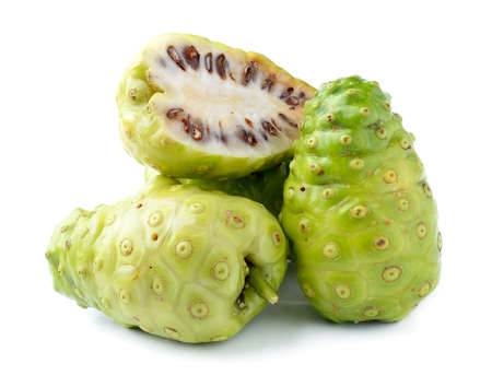 Noni Indian Mulberry fruit on white backgroundの写真素材