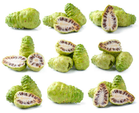 Noni Indian Mulberry fruit on white backgroundの写真素材
