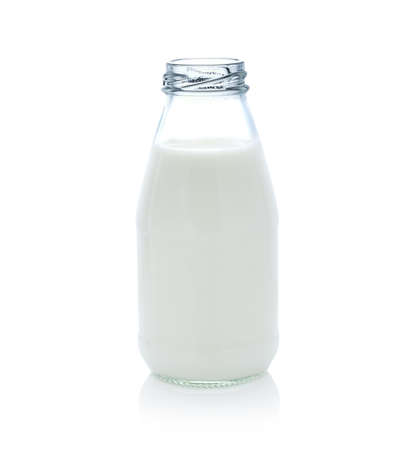 milk bottle isolated on white backgroundの写真素材