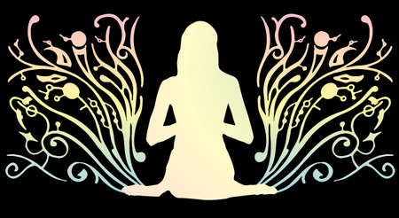 The girl meditates on a beautiful background. Vector illustration of silhouette of a girl with patterns.のイラスト素材