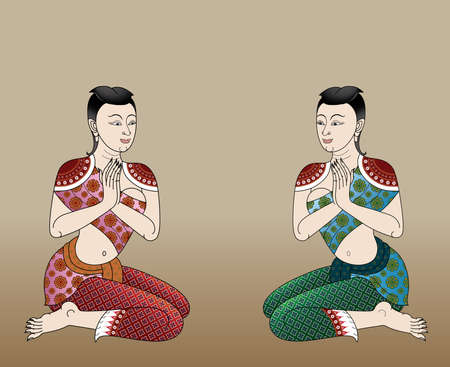 thai  ancient women style in wall painting, sawasdeeのイラスト素材