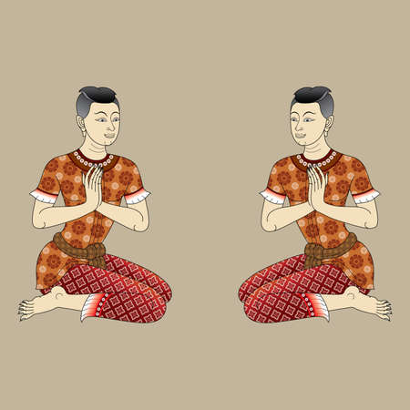 thai  ancient men style in wall painting, sawasdeeのイラスト素材