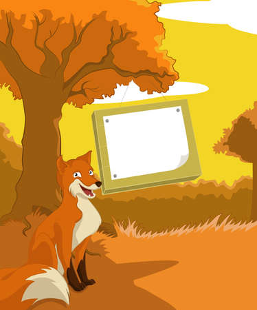 Vector image of wood background with plate and foxのイラスト素材