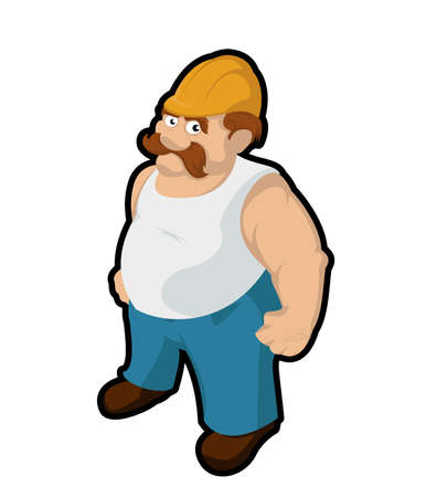 Vector image of cartoon fat builder with big handsのイラスト素材