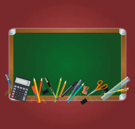 Image of an chalkboard and other school stuff on the red backgroundのイラスト素材