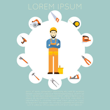 Vector banner of master with diffirent tools for home improvement and repairのイラスト素材