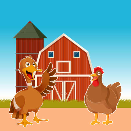 Vector image of a banner with farm and cartoon chicken and duckのイラスト素材