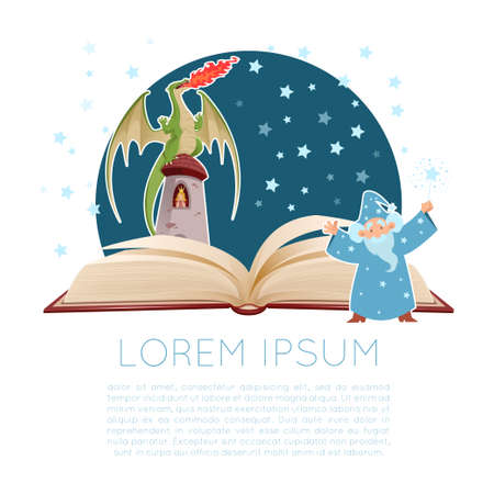 Vector image of a opened fantasy book with the wizard and a tower of dragonのイラスト素材
