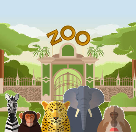 image of a zoo gate with african flat animalsのイラスト素材