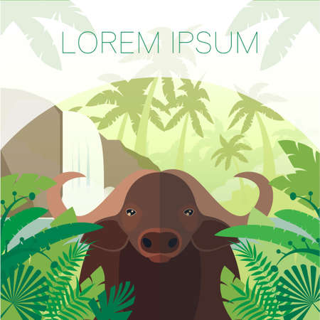 Flat Vector image of the Buffalo on the Jungle Backgroundのイラスト素材