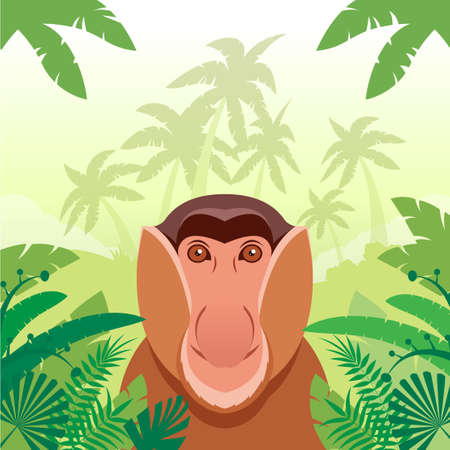 Flat Vector image of the Long-nosed monkey on the Jungle Backgroundのイラスト素材