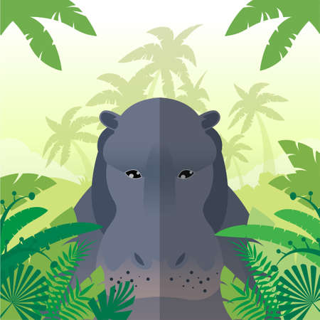 Flat Vector image of the Hippo on the Jungle Backgroundのイラスト素材