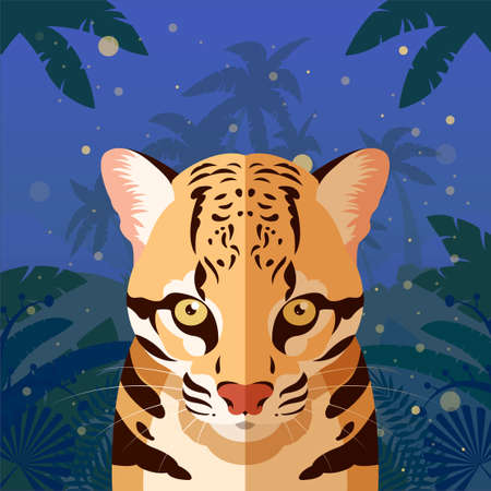 Flat Vector image of the Ocelot on the Jungle Background