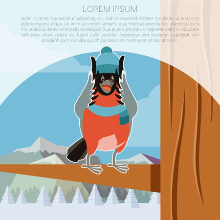 Vector image of the Happy Bullfinch with Hat on the Tree winter flat backgroundのイラスト素材
