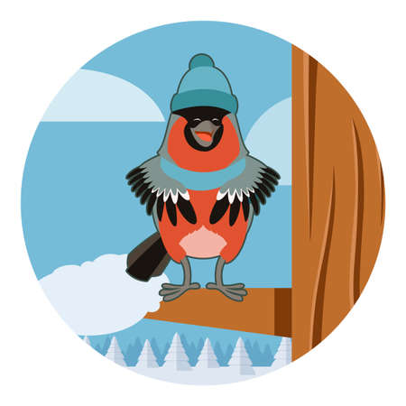 Vector image of the Happy Bullfinch with Hat on the Tree winter flat backgroundのイラスト素材