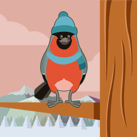 Vector image of the Happy Bullfinch with Hat on the Tree winter flat backgroundのイラスト素材