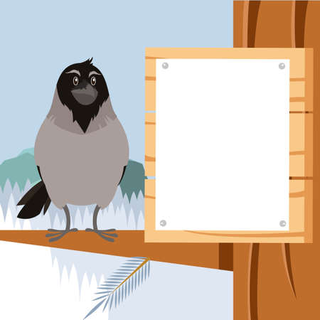 Vector image of the Happy Crow on the winter flat backgrowndのイラスト素材