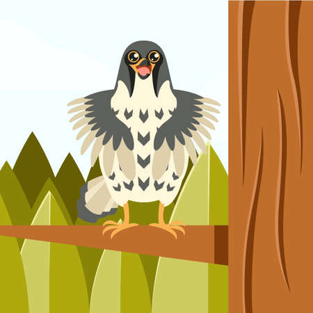 Vector image of the Happy Falcon on the Tree flat backgroundのイラスト素材