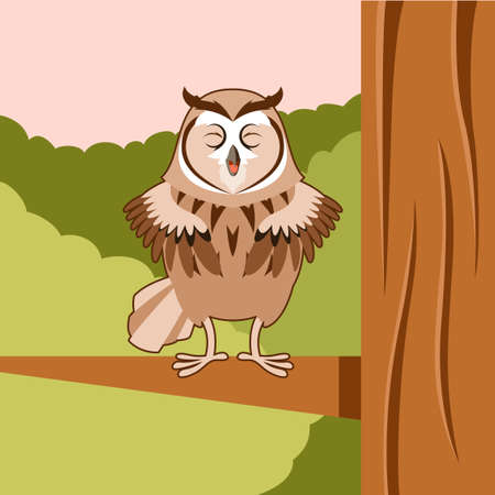 Vector image of the Happy Owl on the Tree flat backgroundのイラスト素材