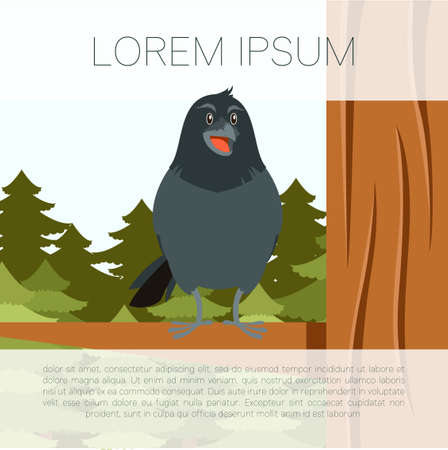 Vector image of the Happy Raven on the Tree winter flat backgroundのイラスト素材