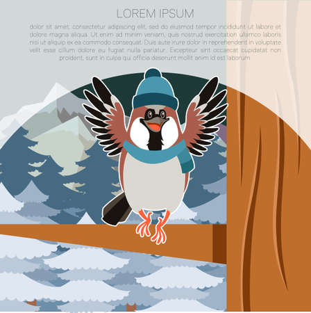 Vector image of the Happy Sparrow with Hat on the Tree flat backgroundのイラスト素材