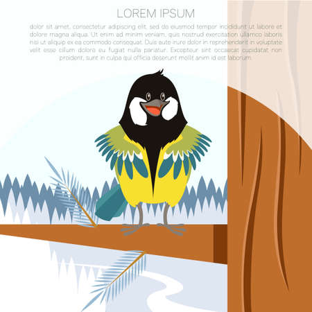 Vector image of the Happy Titmouse on the Tree winter flat backgroundのイラスト素材